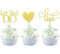 Pack of 24 We Still Do Cupcake Toppers Glitter Love Heart Marriage Cake Decoration Anniversary Cake Decoration for Bride Shower Wedding Engagement Birthday Cupcake Decorations Gold