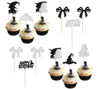 Pack of 24 Witch Theme Cake Decoration Glitter Witch Cupcake Toppers Witch Hat Bow Tie Cake Decoration for Witch Theme Birthday Party Cupcake Decorations Silver Black