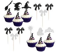 Pack of 24 Witch Theme Cupcake Toppers Glitter Witch Cake Decoration Witch Hat Bow Tie Cake Decoration for Witch Theme Birthday Party Cupcake Decorations Black Silver