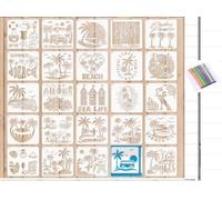 Pack of 25 Painting Stencils - Summer Palm Trees Stencil, Children's Summer Craft Drawing Stencils, Reusable Templates and 12-Colour Watercolour Pencils Set for Wood Paper Fabric Wall DIY Craft