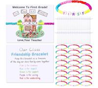Pack of 25 Welcome Bead Bracelets Back to School Friendship Bracelets with Greeting Cards and Gift Bags Classroom Gift Set Bulk Set，FIRST