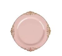 Pack of 25 White Black Pink Baroque 7.5 Inches 19 cm Round Plastic Dessert Salad Plates or 10.25 Inches 26 cm Reusable Plastic Plates Plastic Tableware with Leaf Embossed Gold Edge (Pink Gold, 7.5