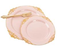 Pack of 25 White Black Pink Baroque 7.5 Inches 19 cm Round Plastic Dessert Salad Plates or 10.25 Inch 26 cm Reusable Plastic Plates Plastic Tableware with Leaf Embossed Gold Edge (Pink Gold, 10.25