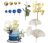 Pack of 27 Blue Gold Ball Cake Decoration Happy Birthday Cake Toppers Natural Boho Palm Leaves Cake Decoration for Baby Shower Children Boys Girls Theme Bohemian Wedding Anniversary Party Cake