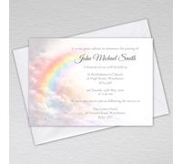 Pack of 28 Personalised Funeral Invitations with Envelopes - A6 Funeral Announcement & Wake Invitation Cards with Custom Wording - Soft Rainbow Sky & Cloud Design