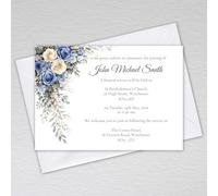 Pack of 28 Personalised Funeral Invitations with Envelopes - A6 Funeral Announcement & Wake Invite Cards with Custom Wording - Dusty Blue & Cream Rose Floral Design