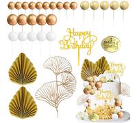 Pack of 29 Cake Decorations, Boho Balls, Cake Decoration Balls, Gold White Cake Topper, Golden Decoration with and Palm Leaves, for Birthday, Wedding, Valentine's Day, DIY Decoration (Platinum)