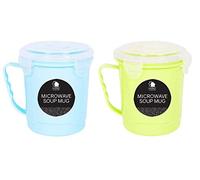 Pack of 2X 600ml Clip and Lock Microwave Soup Mug Containers with Lids Soup Storage Travel Cup Pots Reusable Office Kitchen Handy Containers (Blue & Green)