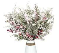 Pack of 3 Artificial Flocked Cedar Picks with Red Berries, 16inch Frosted Cedar Stems Christmas Picks Sprays Snowy Pine Branches for Christmas Decoration Floral Arrangement Winter Season Décor (Green)