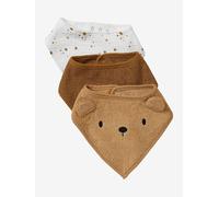 Pack of 3 Bandana-Style Bibs in Terry Cloth & Cotton Gauze brown light solid with design