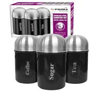 Pack Of 3 Black Canisters Set - Coffee, Tea & Sugar Mirror Finish Canisters | Modern, Eye catching Design | Suitable For Kitchens, Canteens & Homes | Food Storage & Organisers | Stainless Steel Lids
