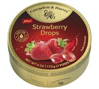 Pack of 3 Cavendish & Harvey Strawberry Filled Drops in Tin - Premium Fruit Flavoured Travel Sweets with Real Fruit Juice, Hard-Boiled Candy Confectionery - Each H4 x 9.7cm Dia, 175g