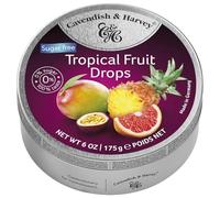 Pack of 3 Cavendish & Harvey Sugar-Free Tropical Fruit Drops in Tin - Premium Travel Sweets made with Real Fruit Juice, Vegan Friendly Confectionery Hard-Boiled Candies - Each H4 x 9.7cm Dia, 175g