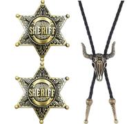 Pack of 3 Cowboy Costume Men's Bolo Tie Leather Halloween Tie Cowboy Cow Skull Western Cowboy Tie and Sheriff Star Lariat Necklace Black Leather Rodeo Pendant for Men and Women