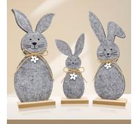 Pack of 3 Easter Bunny Decorative Stands, Easter Bunny Figures Made of Wood and Felt, Easter Decoration for Standing with Bow and Flowers, Easter Decoration for Indoor, Table, Living Room and Easter