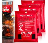 Pack of 3 Fire Blankets, 100 x 100 cm Fire Blanket, Fire Blanket Made of Fibreglass Cloths, Fire Blanket for Accidental Safety Design for Kitchen, Fireplace, Barbecue, Car, Camping, Household, Caravan