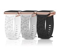 Pack of 3 Floral Engraved Soft Silicone Replacement Strap, Compatible with Apple, for all Watch Models of this Brand, Soft, Durable, Comfortable for Everyday Use and Sports, Black, White, Grey