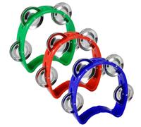 Pack of 3 Half Moon Musical Tambourine, Double Row Metal 4 Jingle Bells Mini Hand Held Percussion Drum with Ergonomic Handle Grip (Red & Blue & Green)
