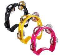 Pack of 3 Half Moon Musical Tambourine, Double Row Metal 4 Jingle Bells Mini Hand Held Percussion Drum with Ergonomic Handle Grip (Black & Pink & Yellow)