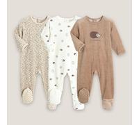 Pack of 3 Hedgehog Print Velour Back-Fastening Sleepsuits Brown+Beige+Ecru