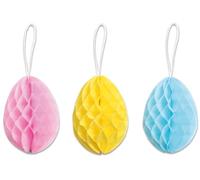 Pack of 3 Honeycomb Paper Easter Egg Pastel Hanging Decorations 10cm Eggs Blue Yellow & Pink
