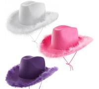 Pack of 3 Ladies Cowboy Hats - Pink, White & Purple with Marabou Trim - Wild West Cowgirl Fancy Dress Hen Party Accessory
