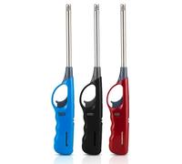 Pack of 3 Long Reach BBQ Lighter Refillable Gas Lighter Windproof Adjustable Flame Kitchen Candle Hob Grill Fireplace Camping Lighter with Safety Lock Assorted Colours