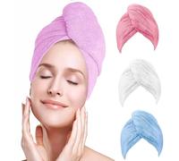 Pack of 3 Luxury Hair Towel Wrap 100% Cotton Twist Dry Lightweight Turban Hair Cap 25×70 cm Super Absorbent Anti-Frizz Hat with Button Loop for Long Curly Hairs