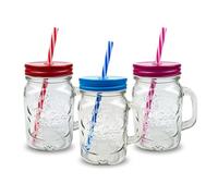 Pack of 3 Mason Jars with Handles, 500 ml Durable Drinking Glasses with Lids, Straws - Perfect for Cold Beverages Including Juices and Smoothies - Ergonomic and Comes in Attractive Hues and Designs