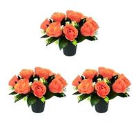 Pack Of 3 Orange Rose Grave Flower Pots | 25cm Grave Flower Pots | Artificial Flowers For Graves | Cemetery Funeral & Floral Decorations | Grave Flowers | New Improved Design & Quality