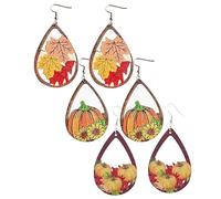 Pack of 3 Pairs 2024 Wood Fall Earrings for Women Dangle Maple Leaves Coffee Cup Pumpkin Sunflower Thanksgiving Earrings Set Statement Waterdrop Shaped Orange Earrings Accessories Jewelry, Wood, No