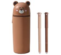 Pack of 3 Pencil Case Bear, Silicone School Pencil Case, 2-in-1 Silicone Pencil Case with 2 Erasable Pens, Practical Set for School, Office and Travel, Brown Bear Design, Blue and Black Pens