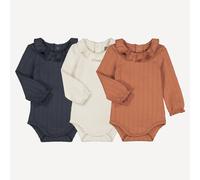Pack of 3 Plain Cotton Long Sleeve Ruffled Collar Bodysuits Grey + ecru + brown