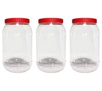 (Pack of 3) - Plastic Storage Round Pet Jars with Airtight Red Screw Top Lids Clear Storage Containers Set Bottle jars Kitchen Food Storage Canister For Hardware Cereal Spices Sugar Sweets (4000 ML)