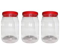(Pack of 3) - Plastic Storage Round Pet Jars with Airtight Red Screw Top Lids Clear Storage Containers Set Bottle jars Kitchen Food Storage Canister For Hardware Cereal Spices Sugar Sweets (3000 ML)