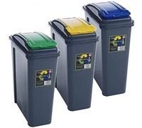Pack of 3 Recycling Bins 25L 25 Litre Plastic Recycle Dust Bin Kitchen Garden (Blue/Yellow/Green)