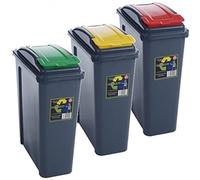 Pack of 3 Recycling Bins 25L 25 Litre Plastic Recycle Dust Bin Kitchen Garden (Red/ Green / Yellow)