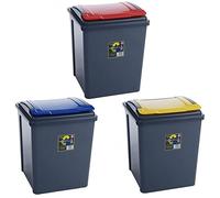Pack of 3 Recycling Bins 50L 50 Litre Plastic Recycle Dust Bin Kitchen Garden (Red/Yellow/Blue)