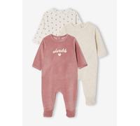 Pack of 3 Sleepsuits in Velour for Babies, BASICS rose