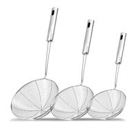 Pack of 3 Stainless Steel Skimmer Ladles - Ergonomic Handle, Spider Mesh Strainers, Slotted Spoons for Frying, Boiling, Pasta, Noodles & Kitchen Cooking