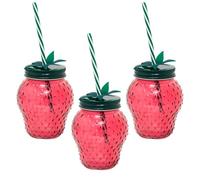 Pack of 3 Strawberry Glass Drinking Jars with Lid & Straw | Fun Summer Red Strawberry Mason Jars | Novelty Glasses for Picnics, Parties & Outdoor Cocktails - 450ml