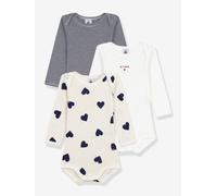 Pack of 3 unisex long-sleeved heart print bodysuits for babies PETIT BATEAU ecru