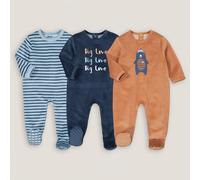Pack of 3 Velour Sleepsuits, 1 Striped, 2 with Print On Front Brown + blue + printed