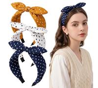 Pack of 3 Wide Headband Women's with Bow Polka Dots Rockabilly Headbands Elastic Retro Headband Wide for Everyday Use Party & Vintage Looks (Yellow + Blue + White)