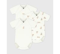 Pack of 3 Wrapover Bodysuits with Short Sleeves in Cotton, Teddy Bear Print white/brown
