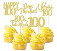 Pack of 30 100th Birthday Cake Decorations Glitter Hello 100 Fabulous Cheers to 100 Cupcake Toppers One Hundred Cake Decoration for 100th Birthday Anniversary Party Cake Decoration Gold