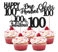 Pack of 30 100th Birthday Cake Decorations Glitter Hello 100 Fabulous Cheers to 100 Cupcake Toppers One Hundred Cake Decoration for 100th Birthday Anniversary Party Cake Decoration Black