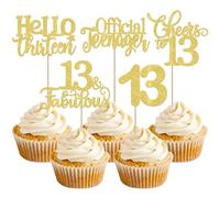 Pack of 30 13th Birthday Cake Decorations Glitter Hello Thirteen Cheers to 13 Cupcake Toppers Official Teenager Thirteen Cake Decoration for 13th Birthday Anniversary Party Cake Decoration Gold