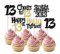 Pack of 30 13th Birthday Cupcake Toppers Straight Outta 2013 Cake Decoration Happy 13th Hello Thirteen Cake Decoration for Cheers on 13th Birthday Wedding Anniversary Party Cake Decorations Black Gold