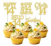Pack of 30 14th Birthday Cake Decorations Glitter Happy Birthday 14 Cake Decoration Double Digits Fourteen Cupcake Toppers for Cheers on 14th Year Anniversary Party Cake Decorations Gold